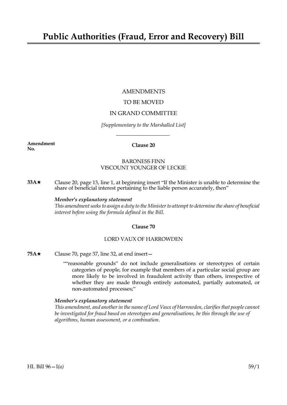 Public Authorities (Fraud, Error and Recovery) Bill Amendments to be moved in Grand Committee [Supplementary to the Marshalled List] 