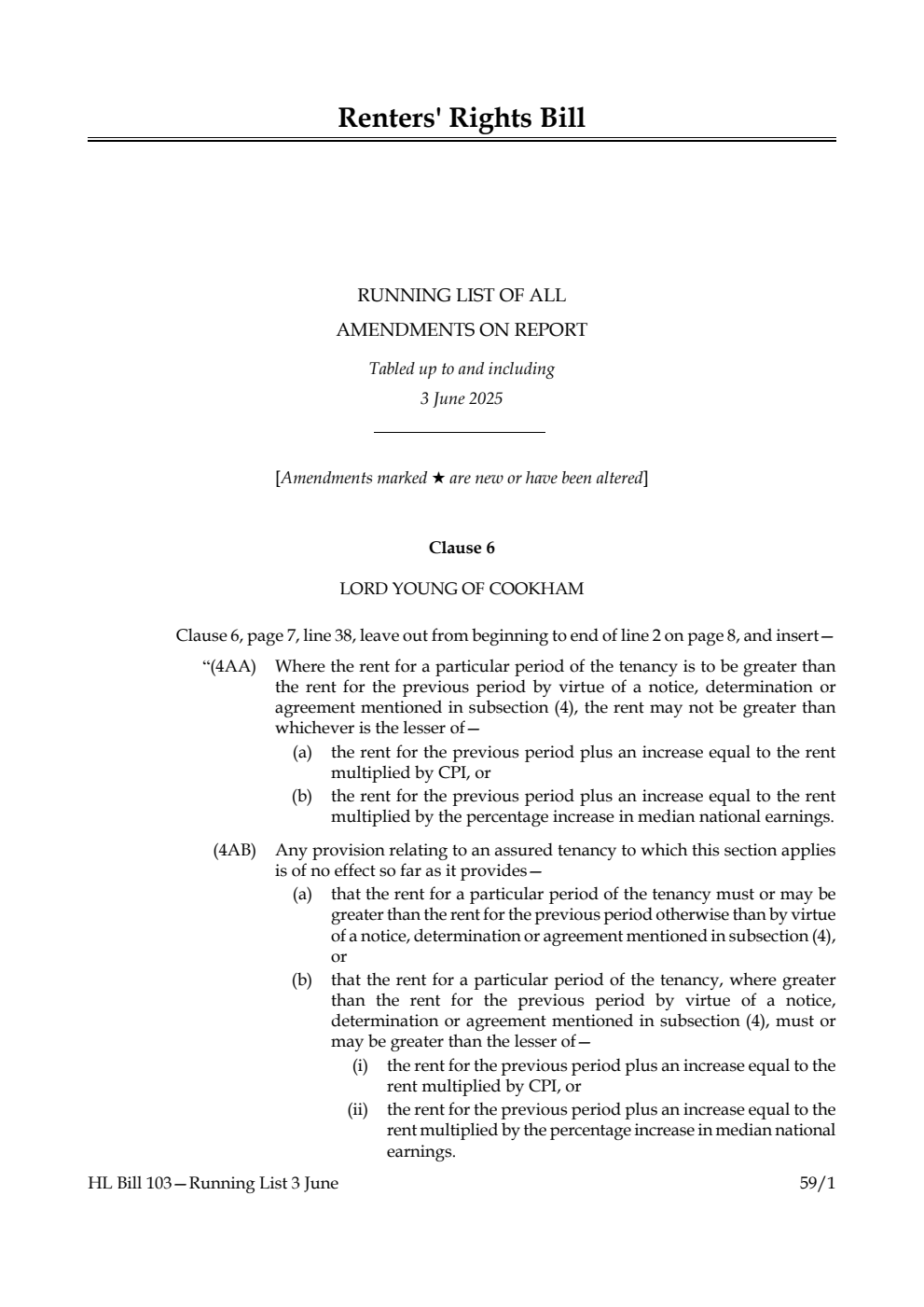 Renters' Rights Bill Running List of all amendments on report tabled up to and including 3 June 2025