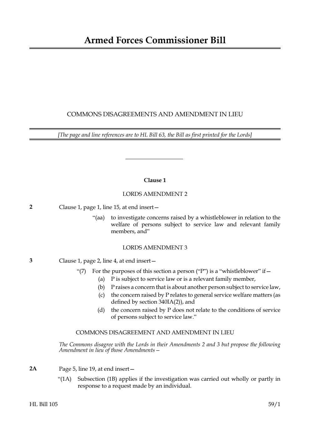 Armed Forces Commissioner Bill Commons disagreements and amendment in lieu