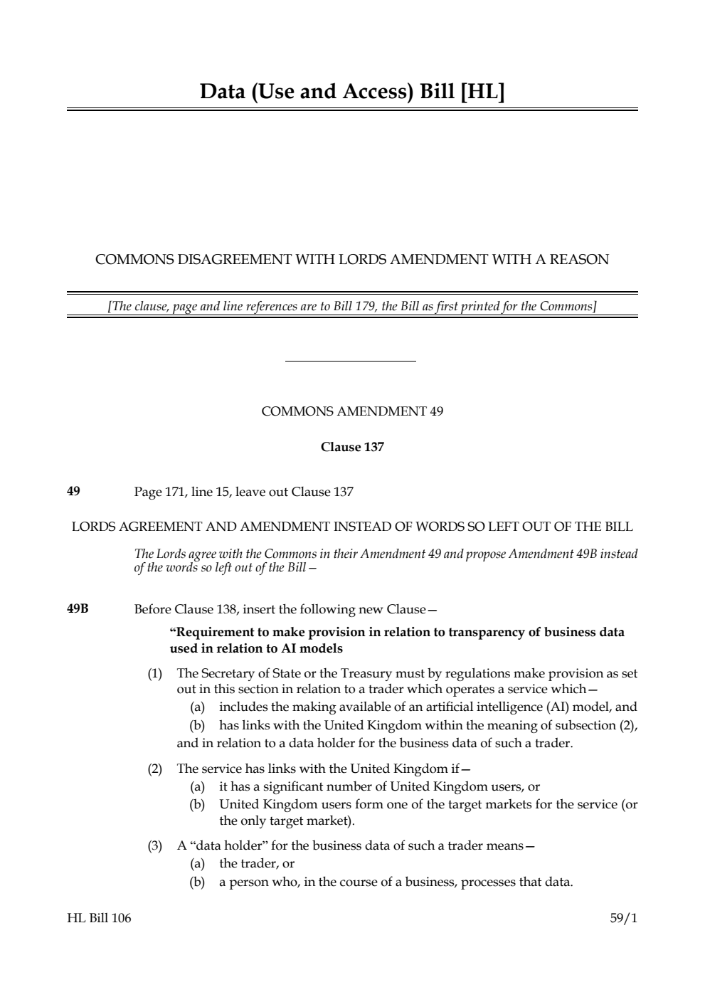 Data (Use and Access) Bill Commons disagreement with Lords amendment with a reason