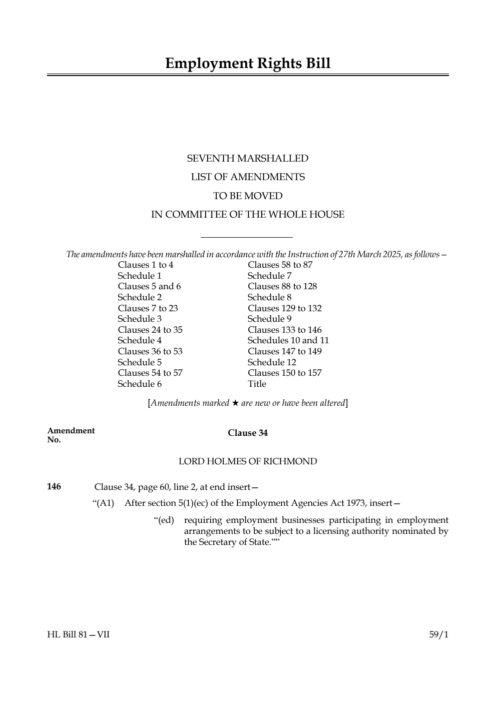 Employment Rights Bill Seventh Marshalled List of amendments to be moved in Committee of the Whole House