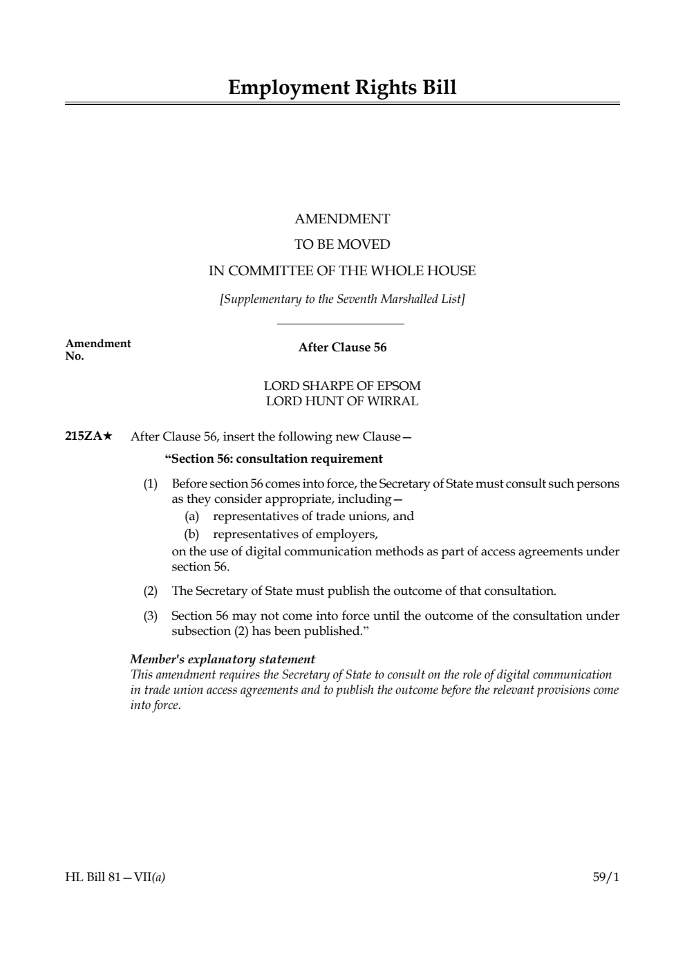 Employment Rights Bill Amendment to be moved in Committee of the Whole House [Supplementary to the Seventh Marshalled List] 