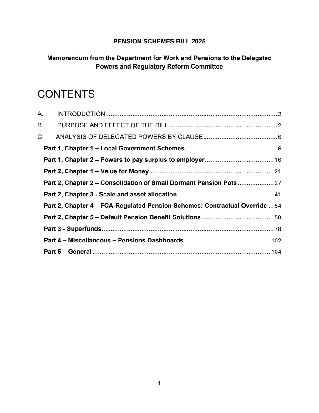 Pension Schemes Bill Memorandum from the Department for Work and Pensions to the Delegated Powers and Regulatory Reform Committee