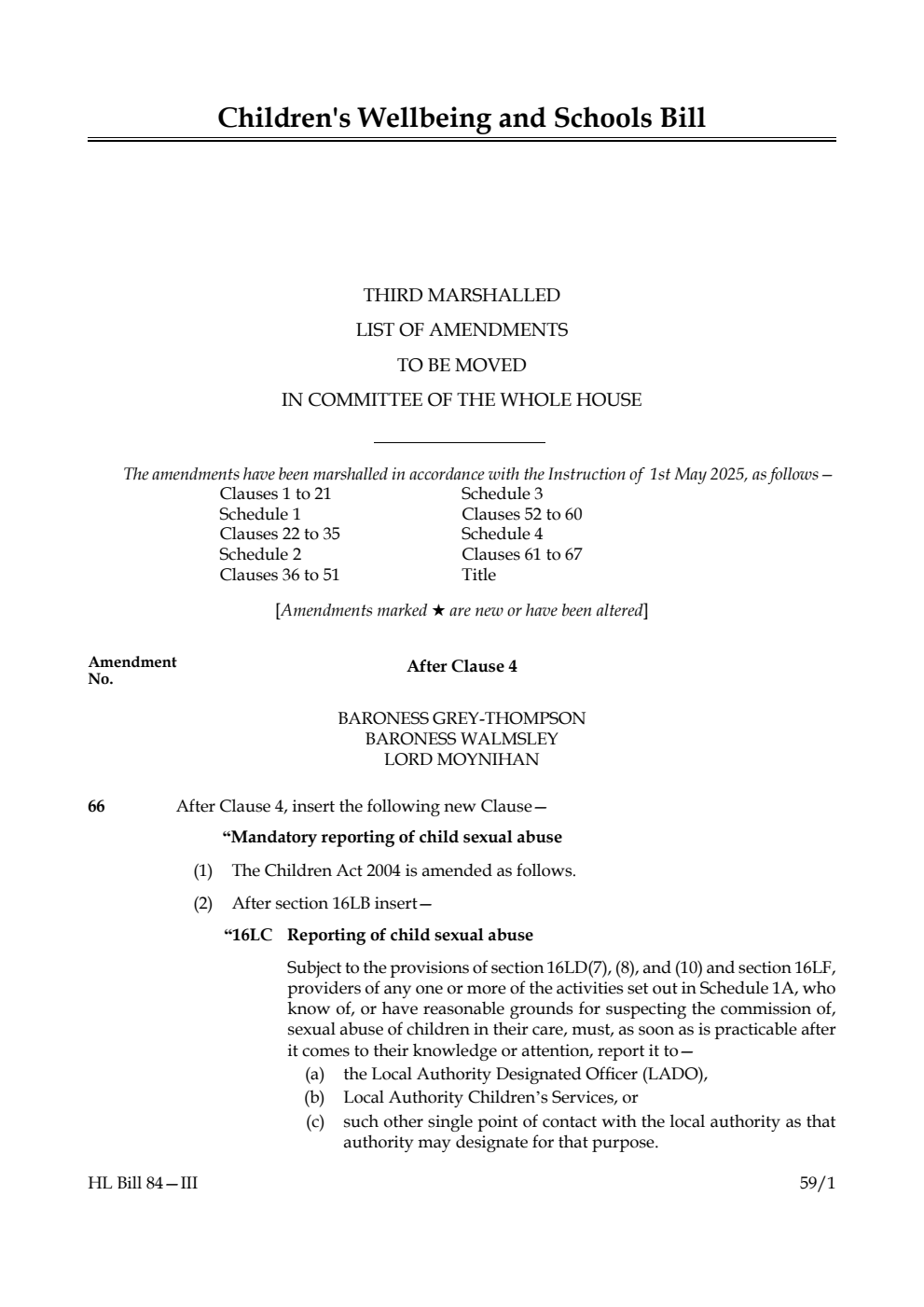 Children's Wellbeing and Schools Bill Third Marshalled List of amendments to be moved in Committee of the Whole House