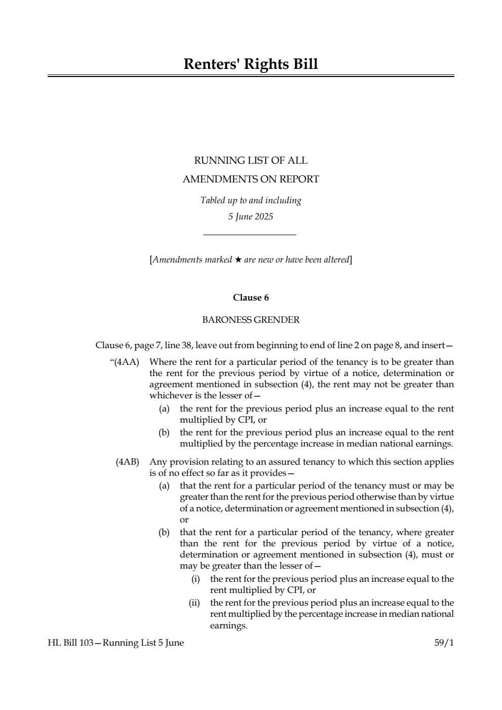 Renters' Rights Bill Running List of all amendments on report tabled up to and including 5 June 2025