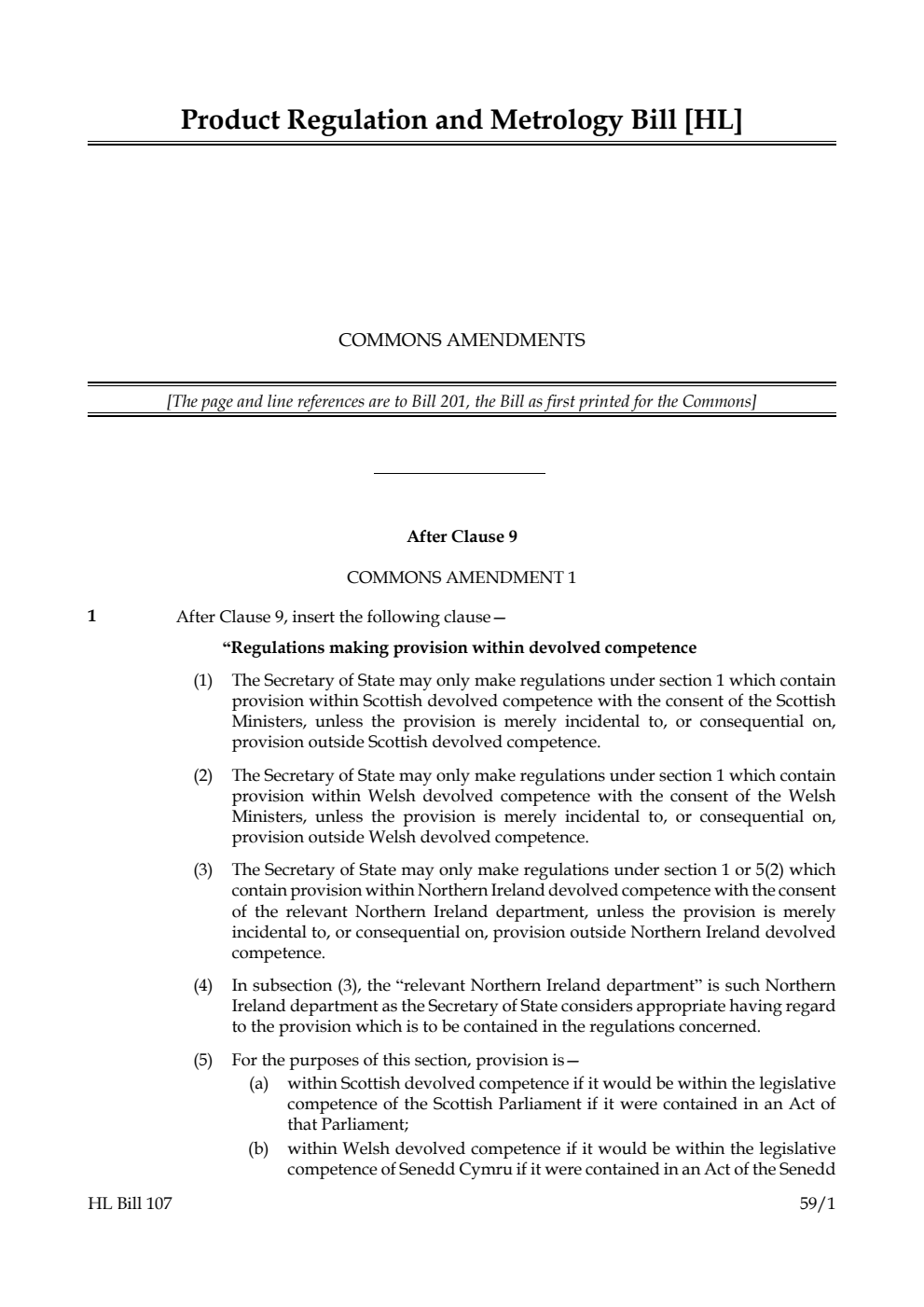 Product Regulation and Metrology Bill Commons amendments