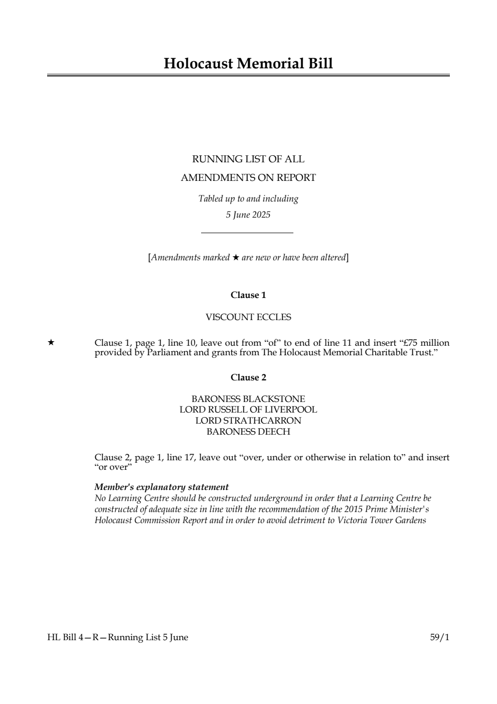 Holocaust Memorial Bill Running List of all amendments on report tabled up to and including 5 June 2025