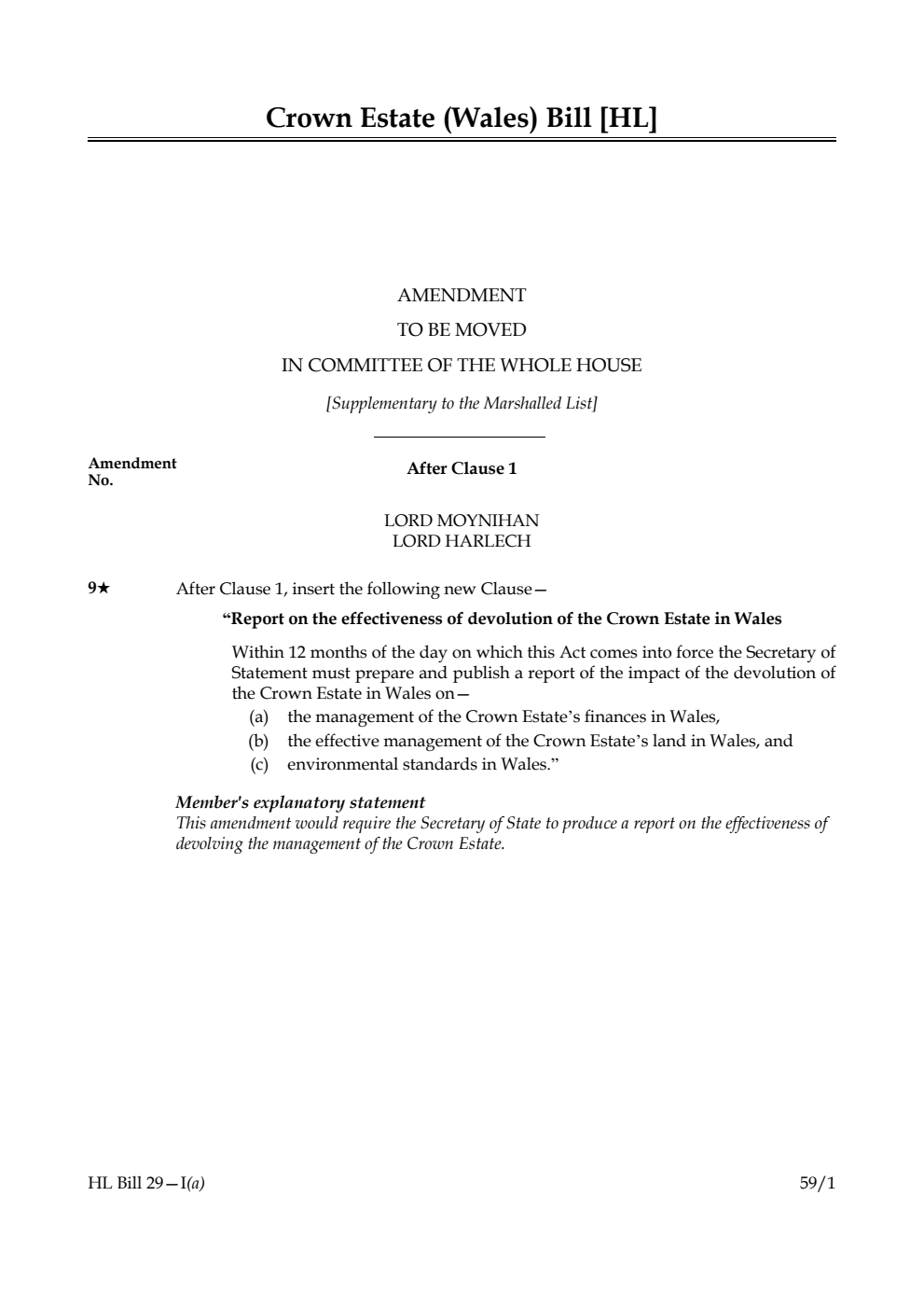 Crown Estate (Wales) Bill Amendment to be moved in Committee of the Whole House [Supplementary to the Marshalled List]