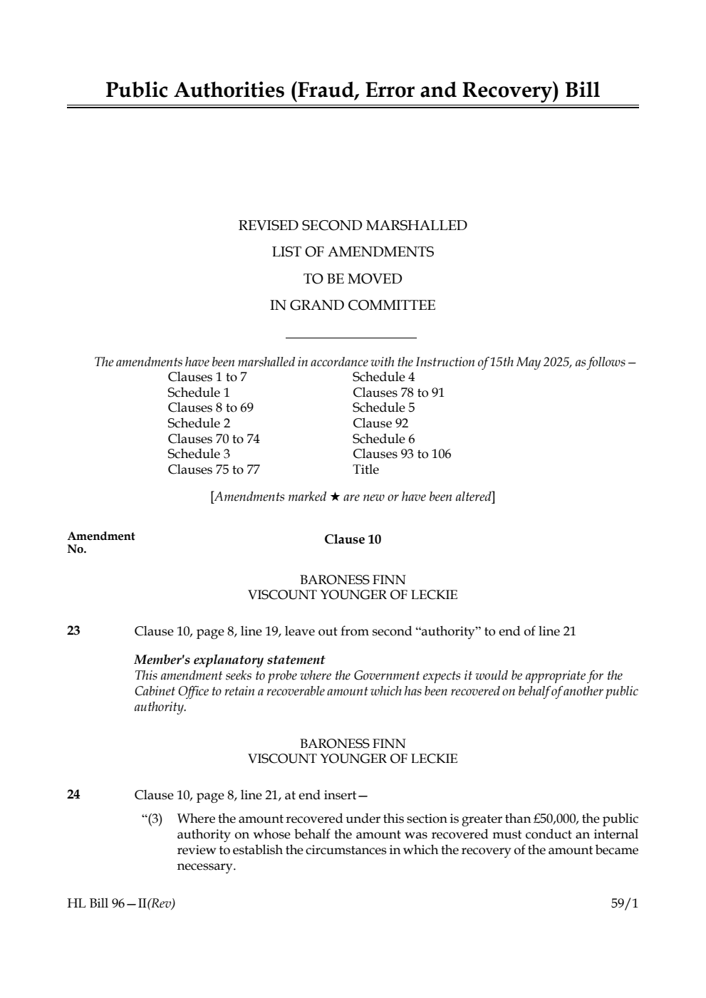 Public Authorities (Fraud, Error and Recovery) Bill Revised second Marshalled List of amendments to be moved in Grand Committee