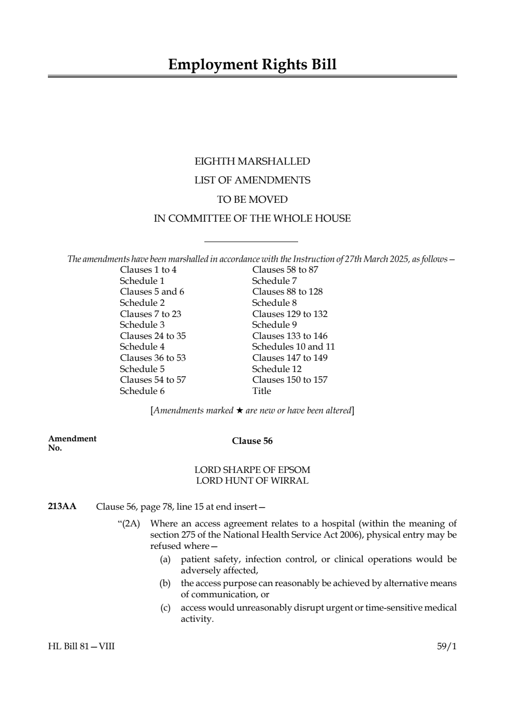 Employment Rights Bill Eighth Marshalled List of amendments to be moved in Committee of the Whole House