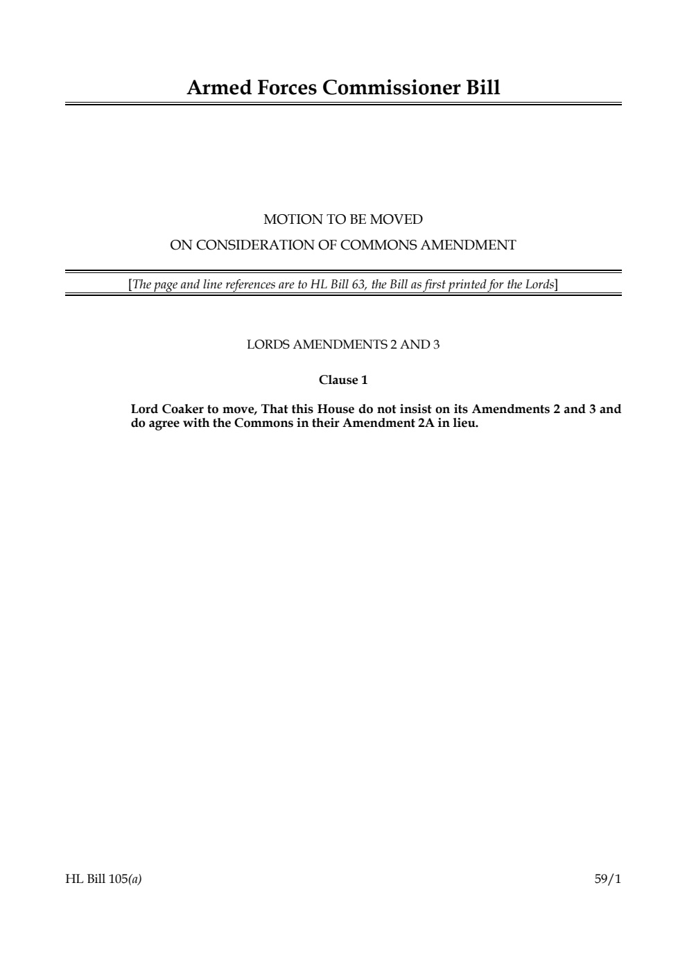 Armed Forces Commissioner Bill Motion to be moved on consideration of Commons amendment