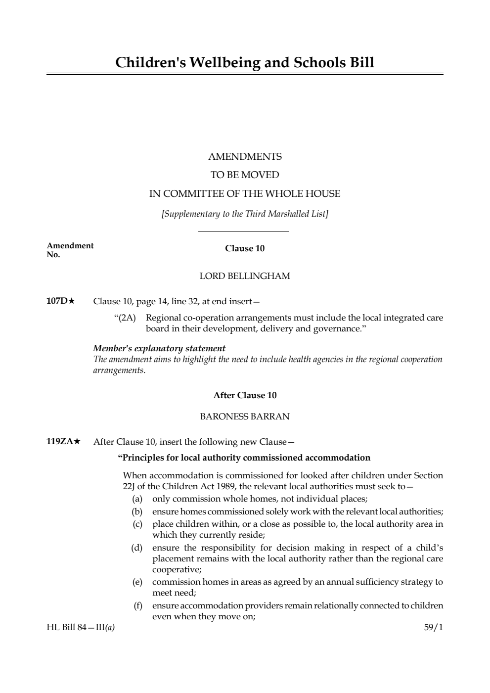 Children's Wellbeing and Schools Bill Amendments to be moved in Committee of the Whole House [Supplementary to the Third Marshalled List] 
