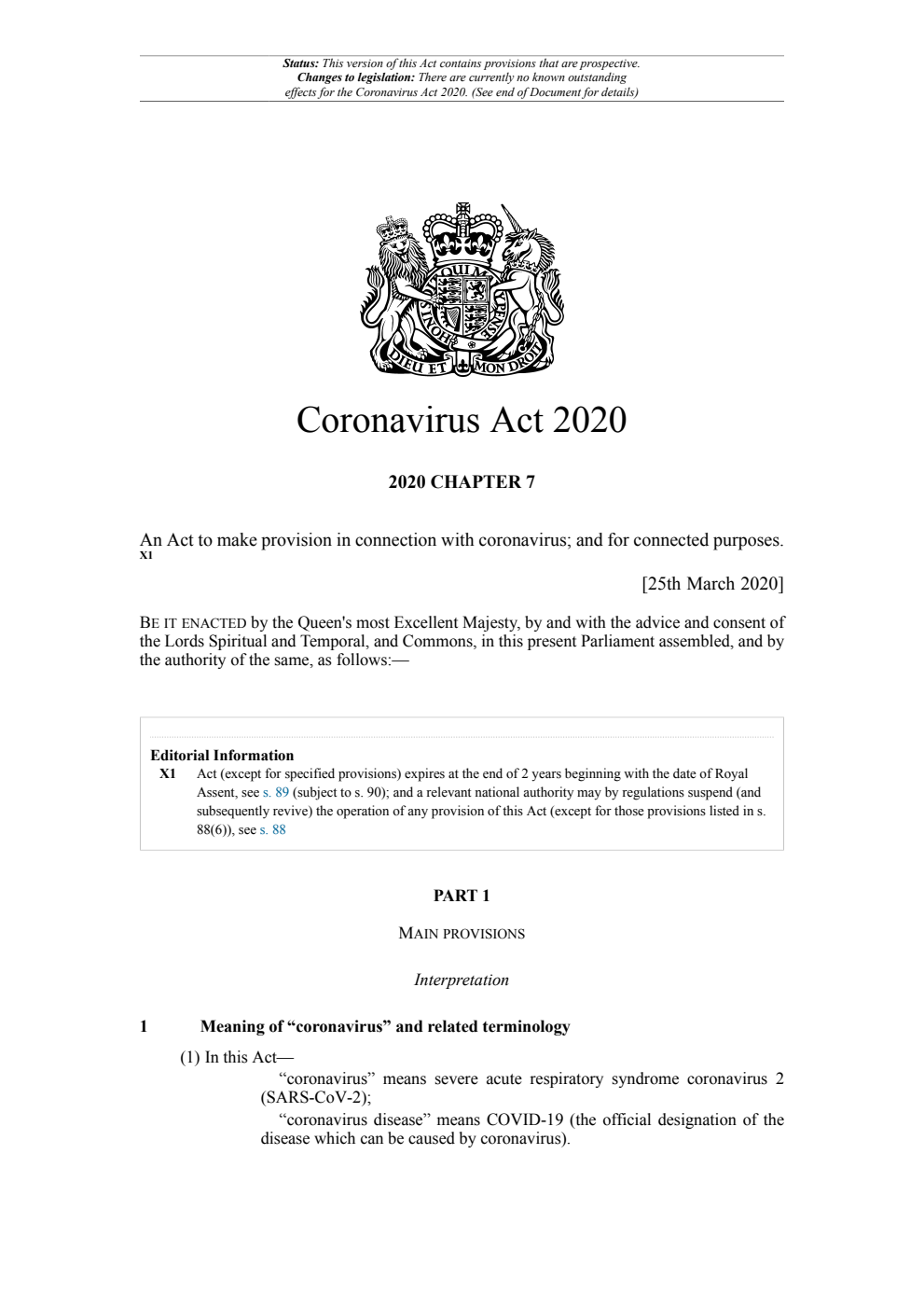 Coronavirus Act 2020: Chapter 7. Revised 26 March 2025