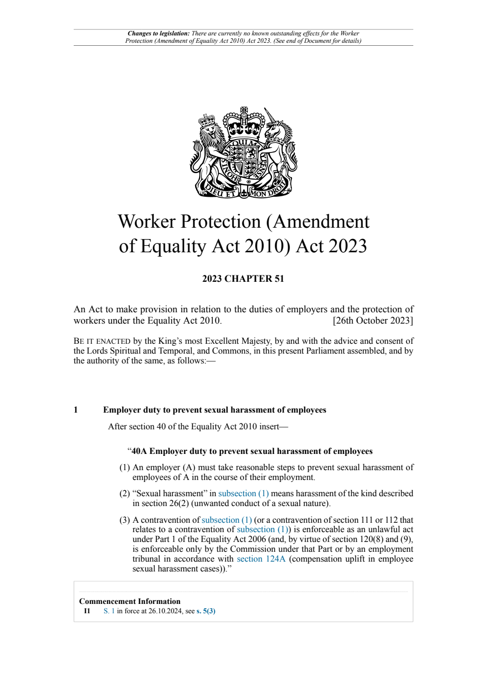 Worker Protection (Amendment of Equality Act 2010) Act 2023: Chapter 51. Revised 26 October 2024