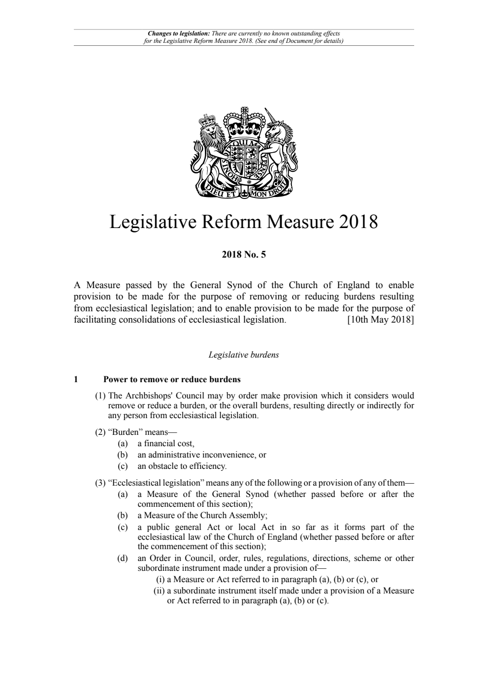 Legislative Reform Measure 2018 No.5. Revised 04 May 2024