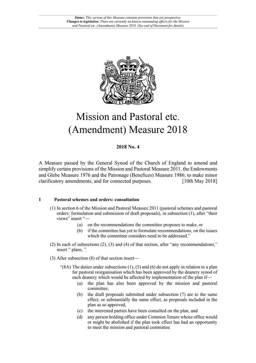 Mission and Pastoral etc. (Amendment) Measure 2018 No.4. Revised 04 May 2024