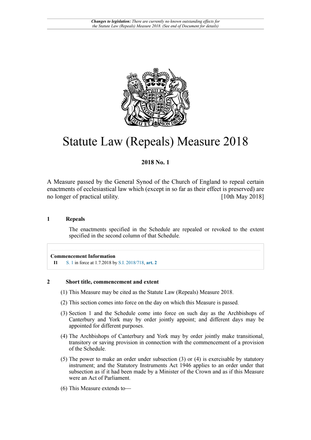 Statute Law (Repeals) Measure 2018 No. 1. Revised 05 May 2024