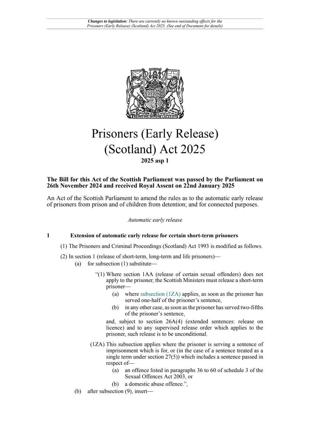 Prisoners (Early Release) (Scotland) Act 2025. Revised 11 February 2025