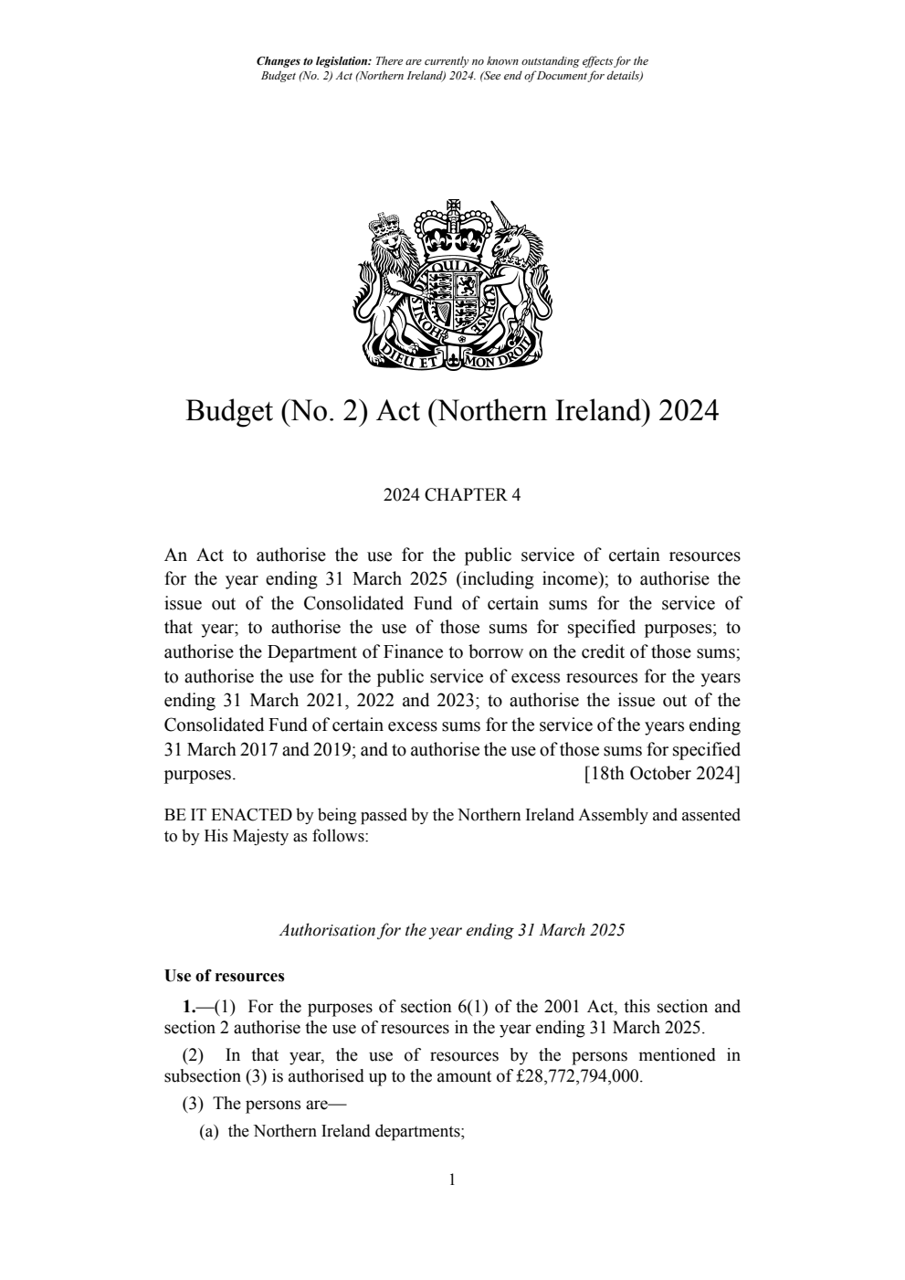 Budget (No. 2) Act (Northern Ireland) 2024. Revised 11 April 2025