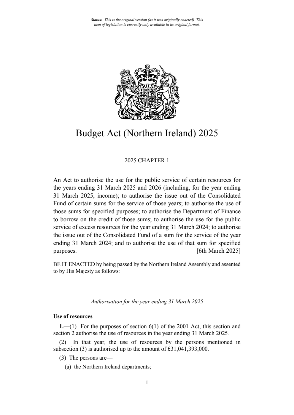 Budget Act (Northern Ireland) 2025. Revised 18 March 2025