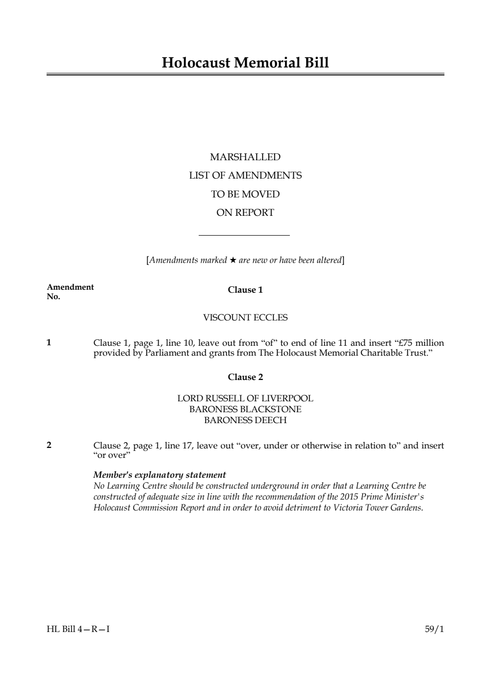 Holocaust Memorial Bill Marshalled List of amendments to be moved on report