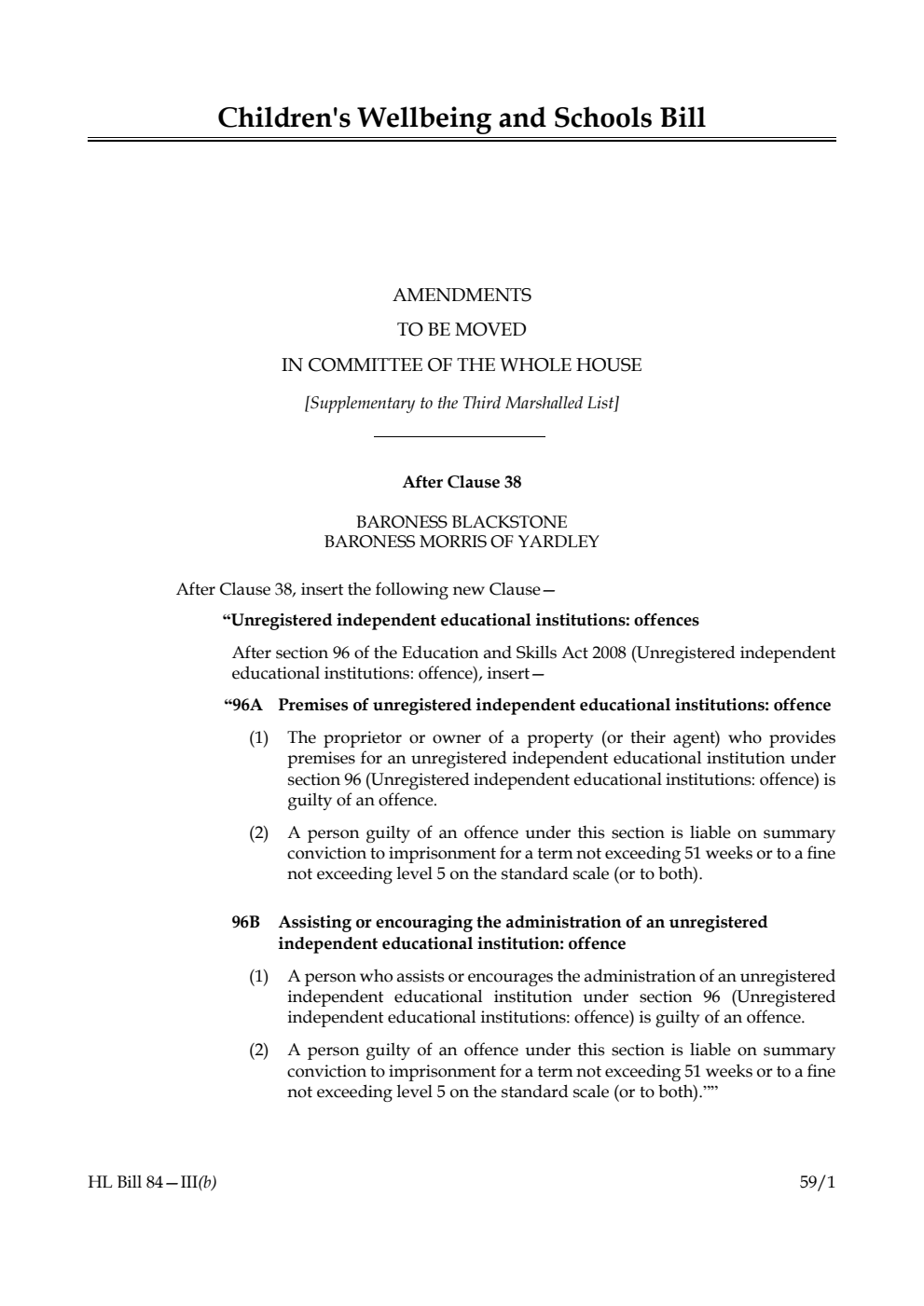 Children's Wellbeing and Schools Bill Amendments to be moved in Committee of the Whole House [Supplementary to the Third Marshalled List]