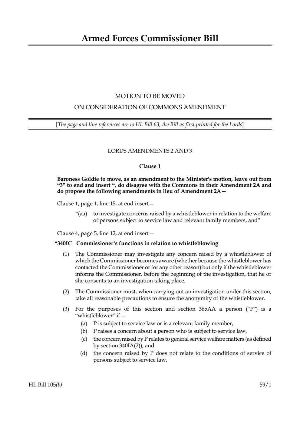 Armed Forces Commissioner Bill Motion to be moved on consideration of Commons amendment