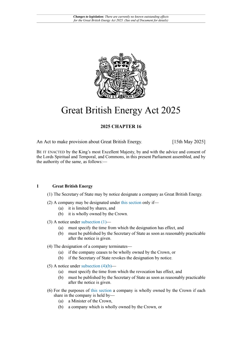 Great British Energy Act 2025: Chapter 16. Revised 28 May 2025