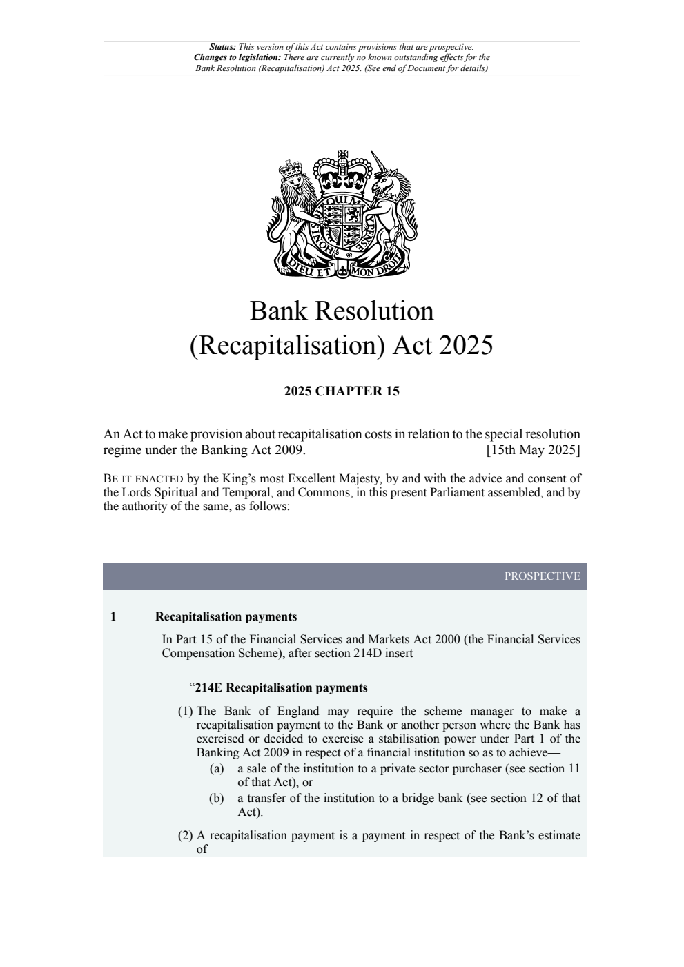 Bank Resolution (Recapitalisation) Act 2025: Chapter 15. Revised 28 May 2025
