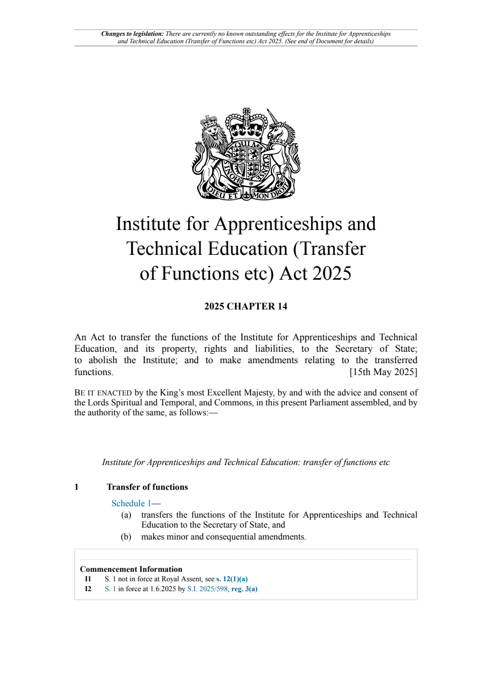 Institute for Apprenticeships and Technical Education (Transfer of Functions etc) Act 2025: Chapter 14. Revised 03 June 2025
