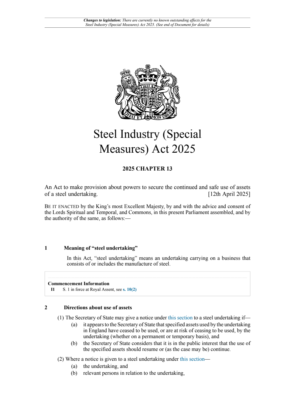 Steel Industry (Special Measures) Act 2025: Chapter 13. Revised 19 May 2025