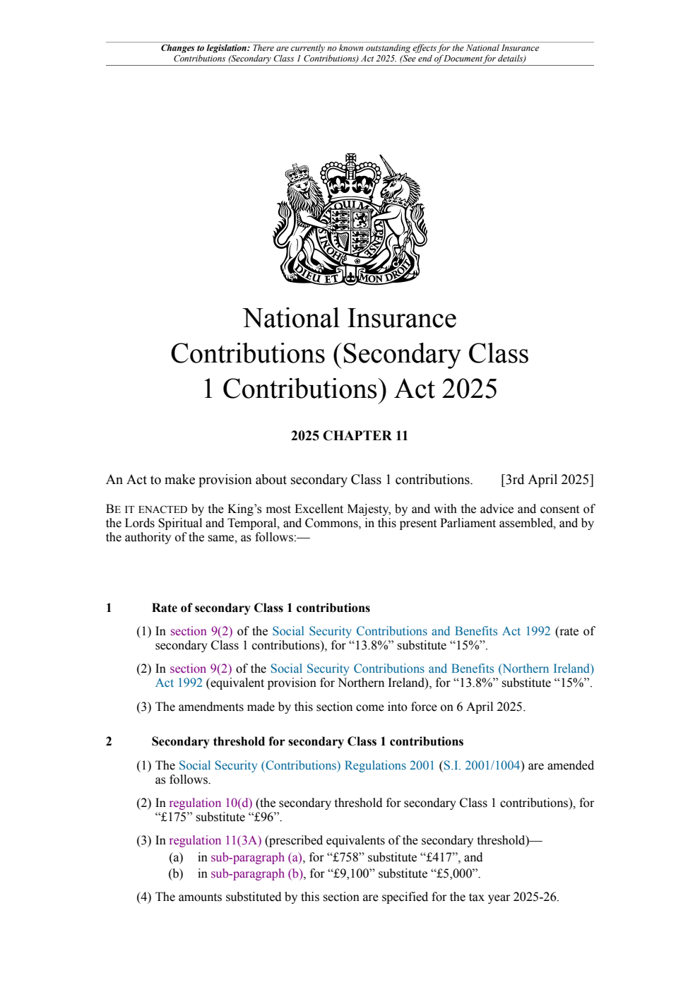 National Insurance Contributions (Secondary Class 1 Contributions) Act 2025: Chapter 11. Revised 26 April 2025