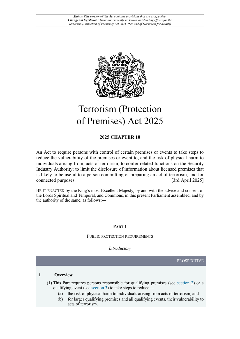 Terrorism (Protection of Premises) Act 2025: Chapter 10. Revised 18 May 2025