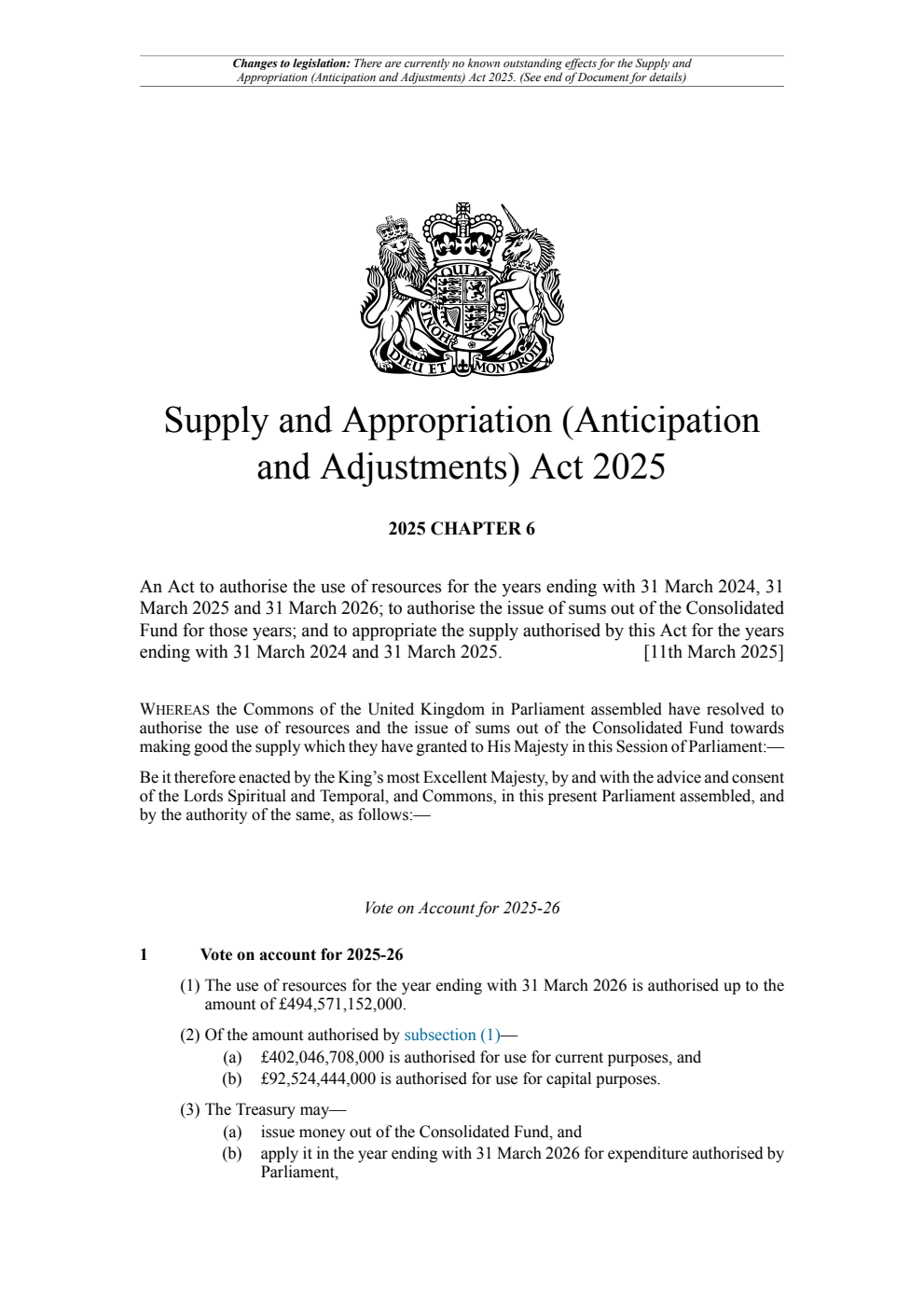 Supply and Appropriation (Anticipation and Adjustments) Act 2025: Chapter 6. Revised 26 March 2025