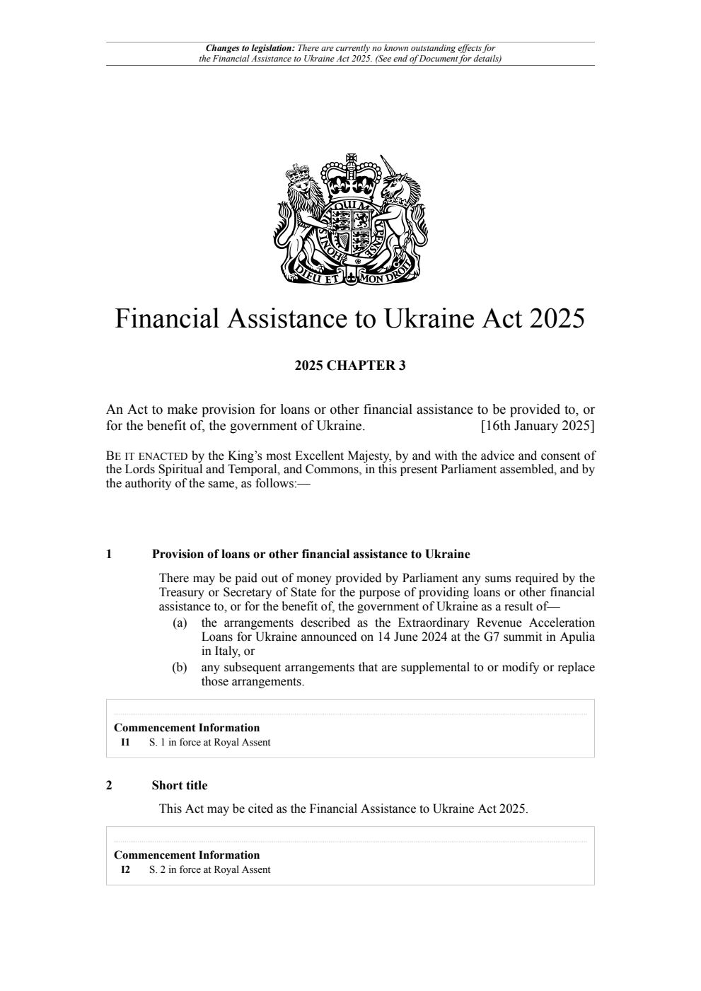 Financial Assistance to Ukraine Act 2025: Chapter 3. Revised 27 February 2025