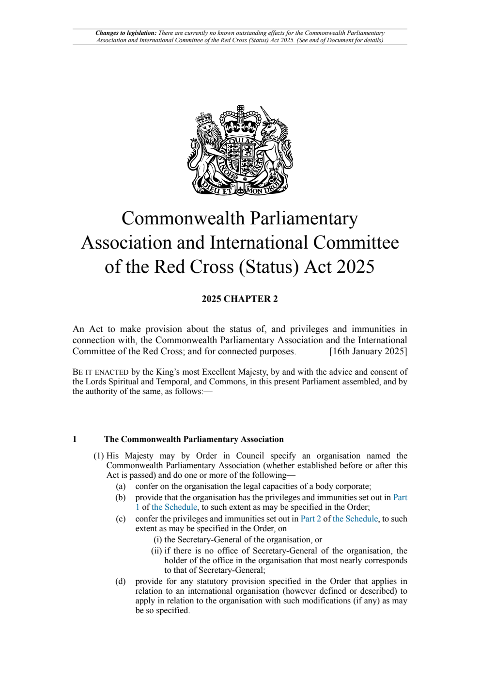 Commonwealth Parliamentary Association and International Committee of the Red Cross (Status) Act 2025: Chapter 2. Revised 02 March 2025