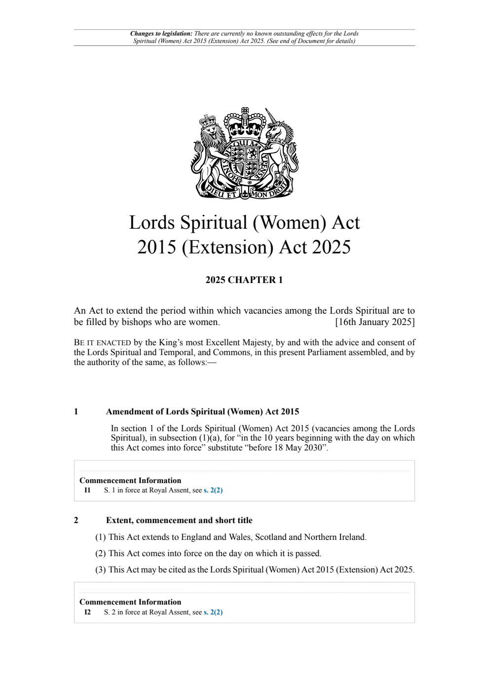 Lords Spiritual (Women) Act 2015 (Extension) Act 2025: Chapter 1. Revised 26 February 2025