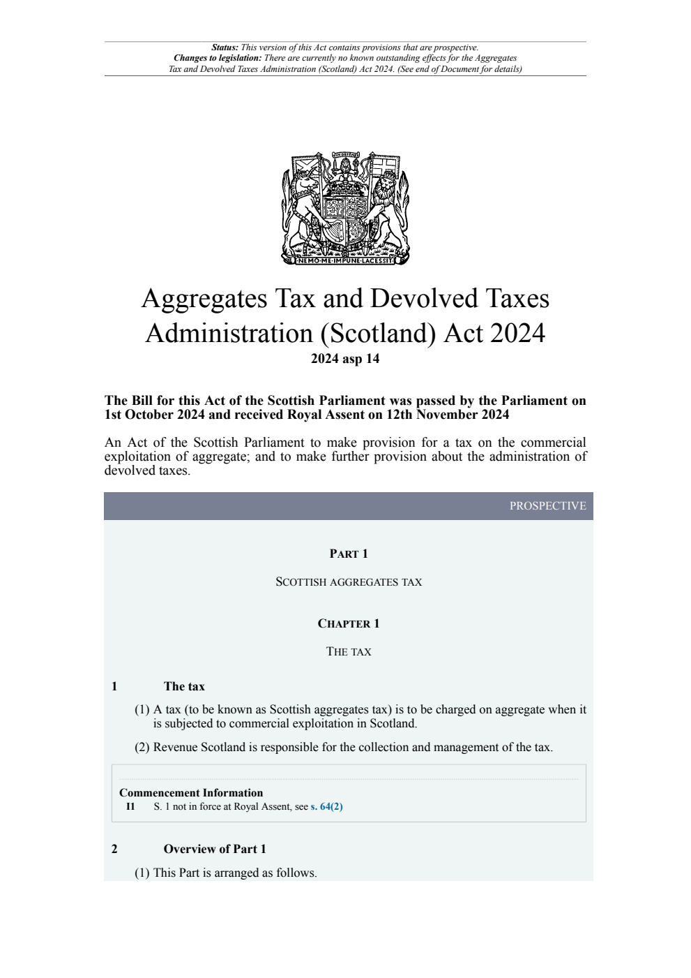 Aggregates Tax and Devolved Taxes Administration (Scotland) Act 2024. Revised 09 June 2025