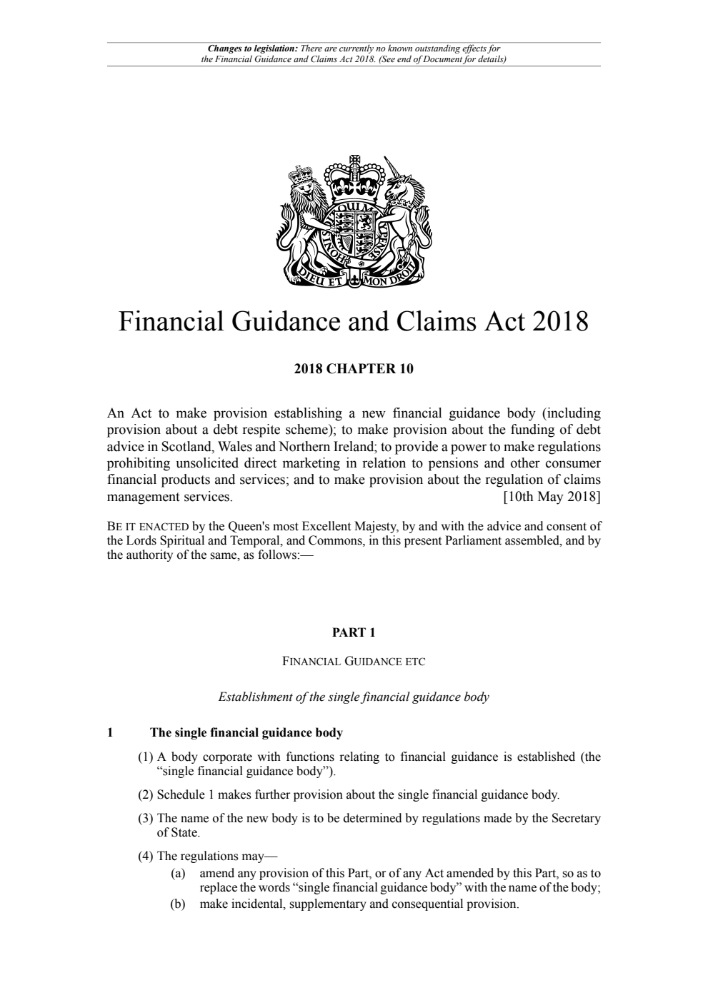 Financial Guidance and Claims Act 2018 Chapter 10. Revised 05 May 2024
