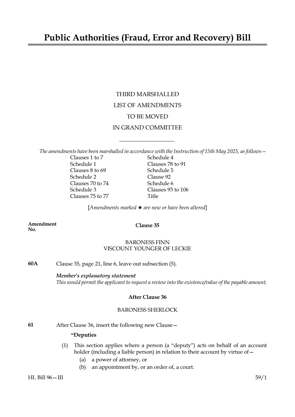 Public Authorities (Fraud, Error and Recovery) Bill Third Marshalled List of amendments to be moved in Grand Committee