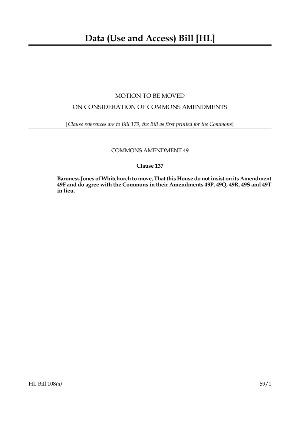 Data (Use and Access) Bill Motion to be moved on consideration of Commons amendments