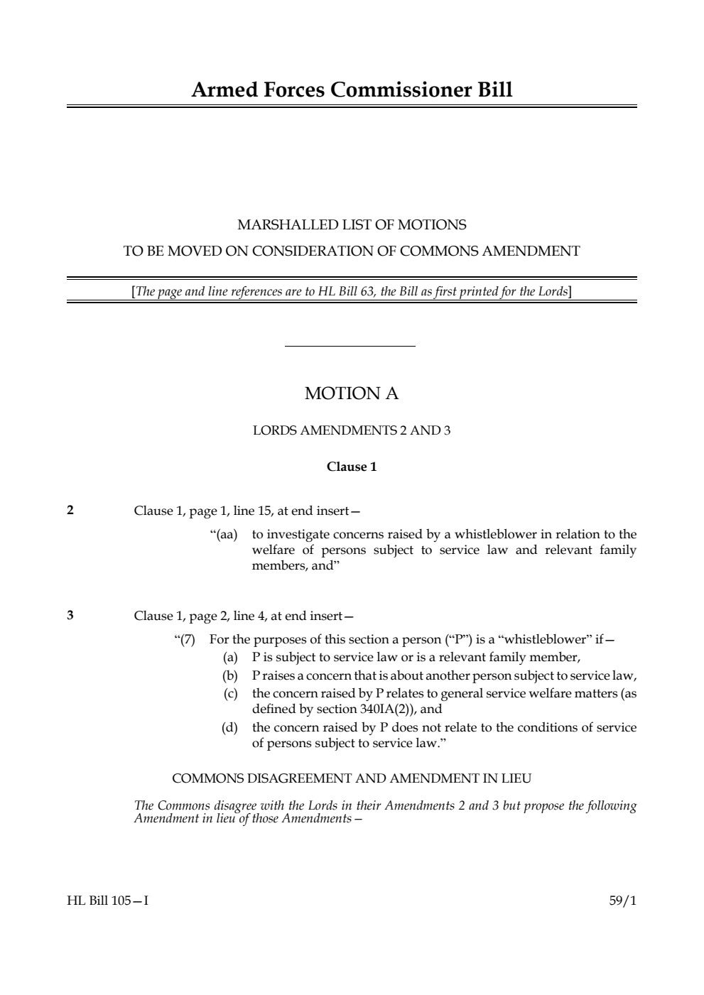 Armed Forces Commissioner Bill Marshalled List of motions to be moved on consideration of Commons amendment