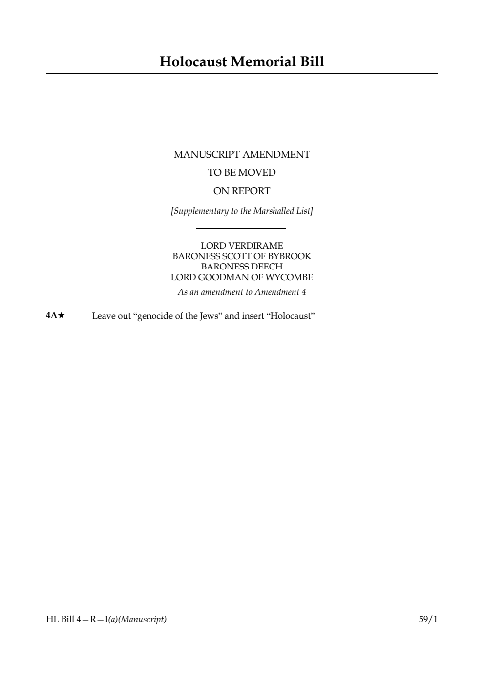 Holocaust Memorial Bill Manuscript amendment to be moved on report [Supplementary to the Marshalled List] 