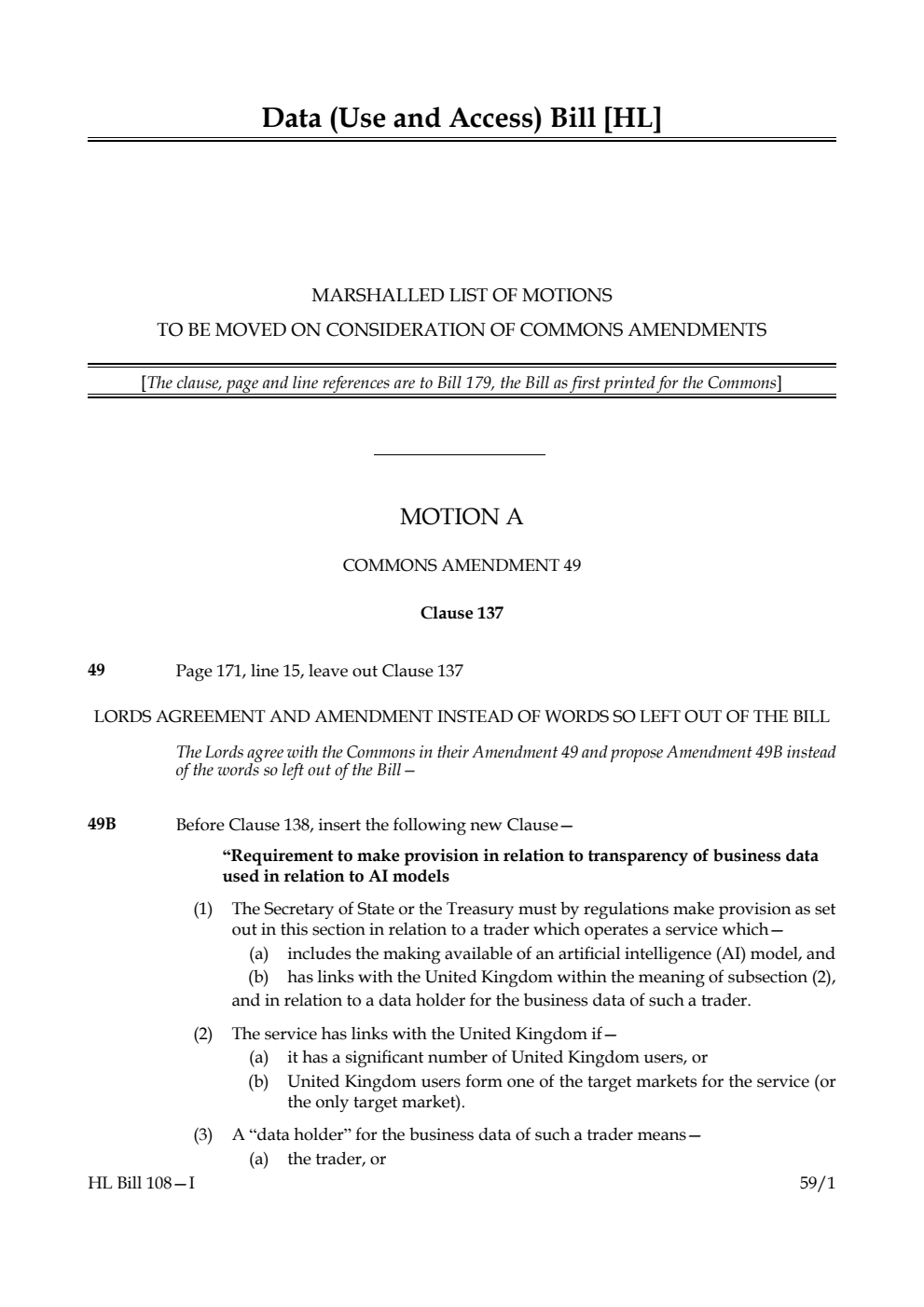Data (Use and Access) Bill Marshalled List of motions to be moved on consideration of Commons amendments