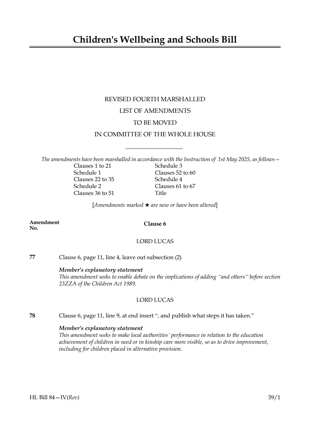 Children's Wellbeing and Schools Bill Revised Fourth Marshalled List of amendments to be moved in Committee of the Whole House