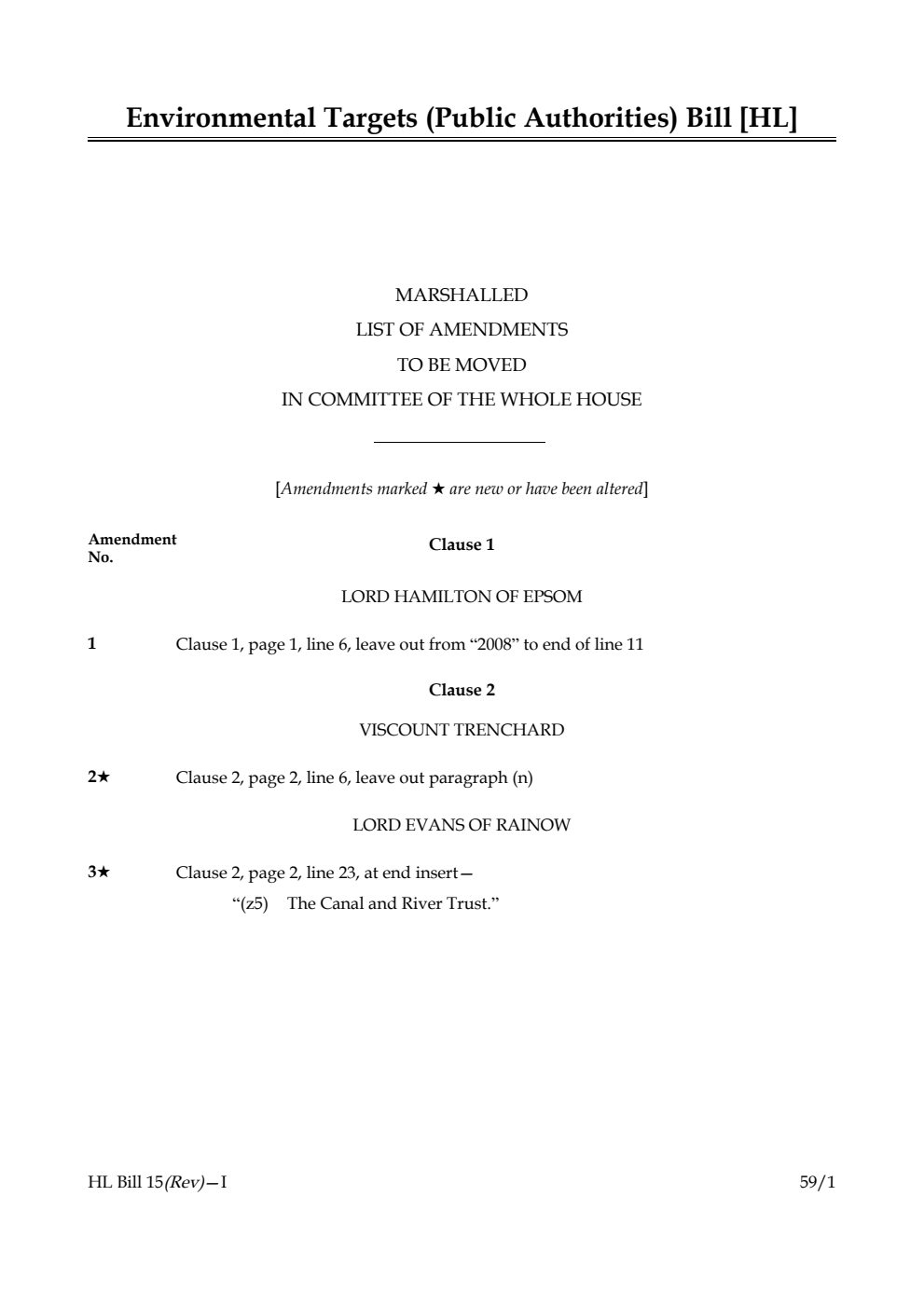Environmental Targets (Public Authorities) Bill Marshalled List of amendments to be moved in Committee of the Whole House