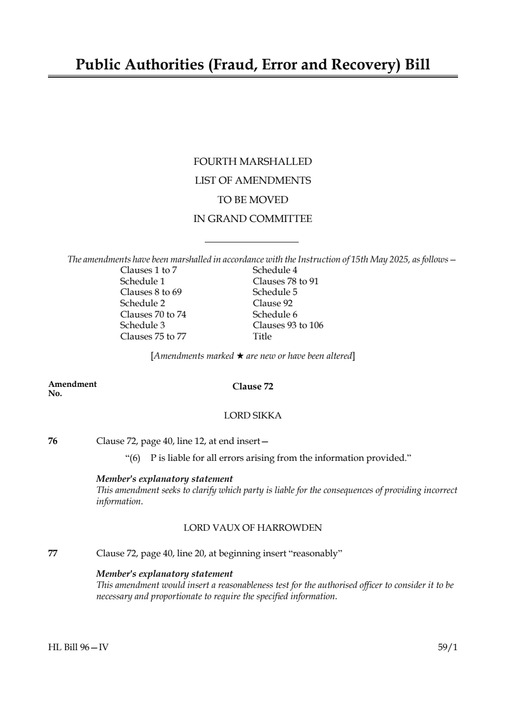 Public Authorities (Fraud, Error and Recovery) Bill Fourth Marshalled List of amendments to be moved in Grand Committee