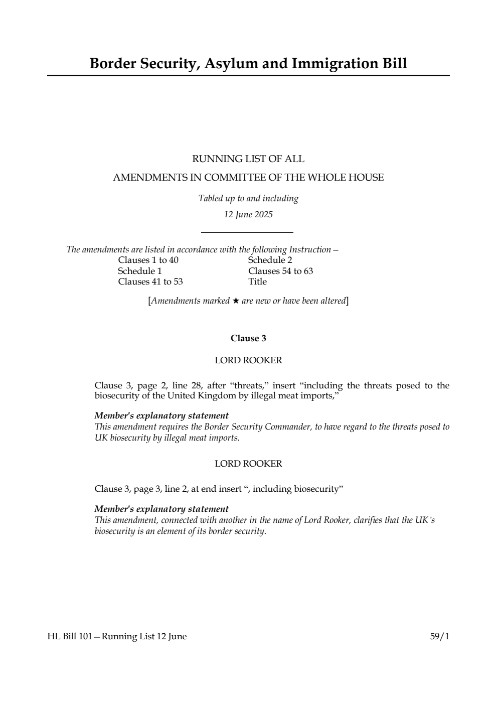 Border Security, Asylum and Immigration Bill Running List of all amendments in Committee of the Whole House tabled up to and including 12 June 2025