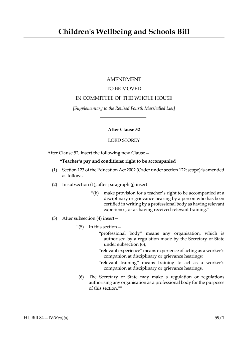 Children's Wellbeing and Schools Bill Amendment to be moved in Committee of the Whole House [Supplementary to the Revised Fourth Marshalled List]