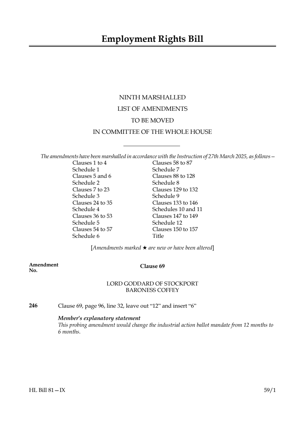 Employment Rights Bill Ninth Marshalled List of amendments to be moved in Committee of the Whole House